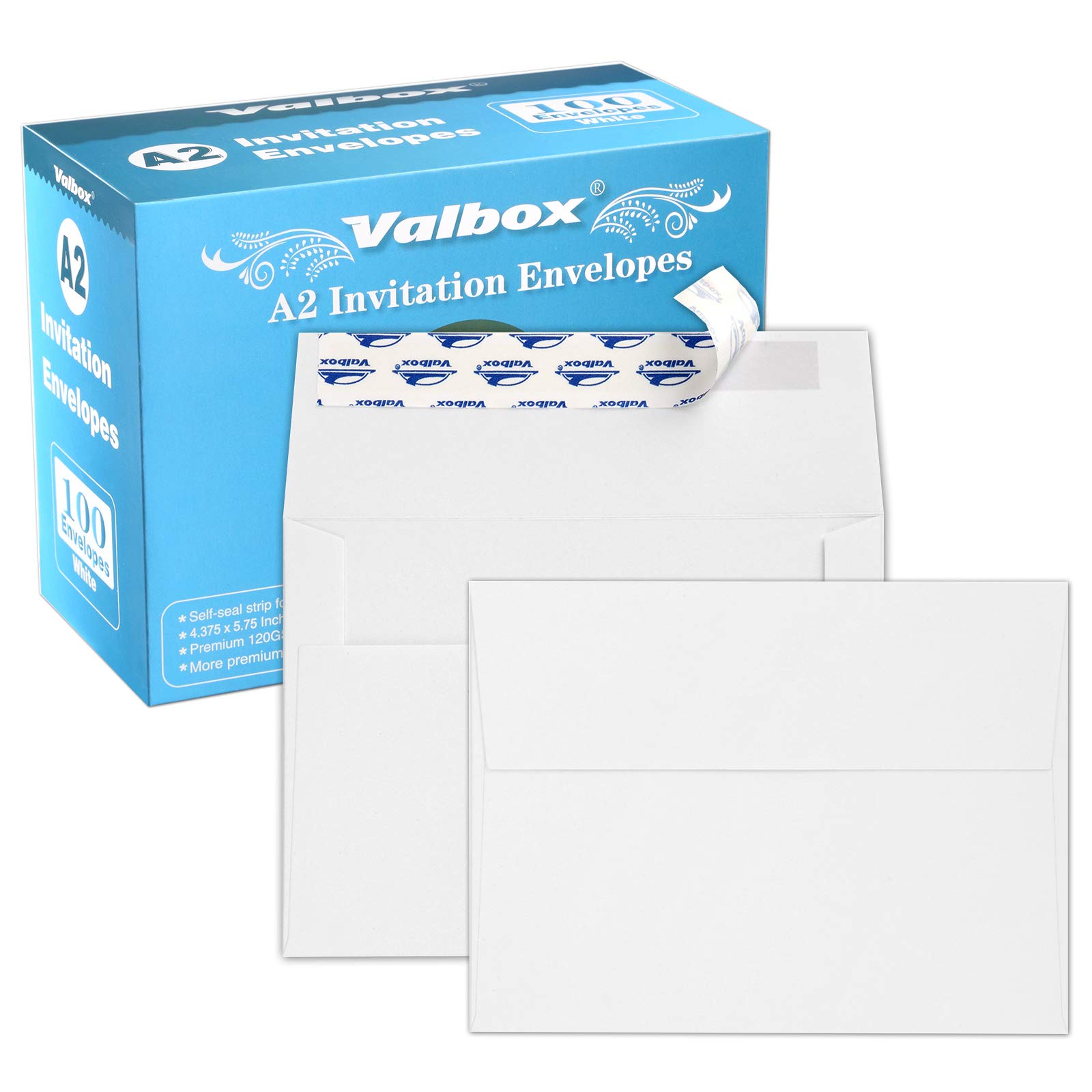 ValBox 100 Qty Invitation Envelopes Self Seal White Kraft Paper Envelopes for Cards, Photos, Invitations, Weddings, Baby Shower, Birthiday, Announcements, RSVP A2 (4.375x5.75 Inches)