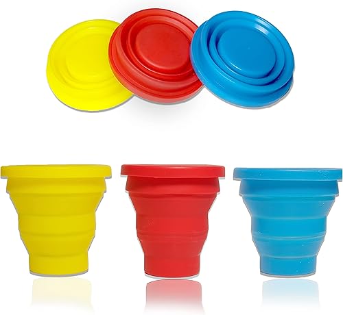 Jzlld Taza de viaje plegable, paquete de 3 vasos plegables de silicona con tapa, taza de camping plegable de silicona con tapas, taza expandible