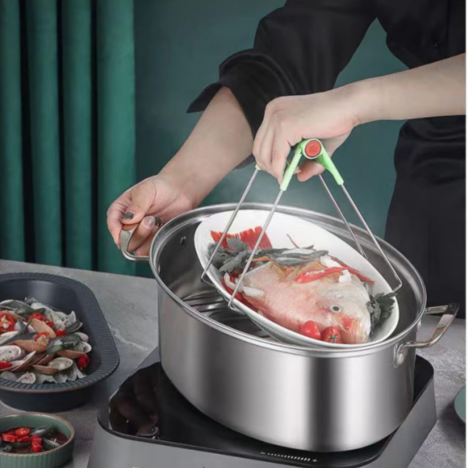 Edelstahl Fisch Dampfgarer Set Großer Dampfgarer Topf zum Dämpfen von Fisch, Kochen von Suppe Multi-Use Oval Kochgeschirr mit Glasdeckel, Gestell, Pfanne, Chuck