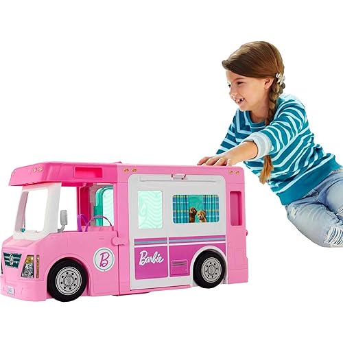 Barbie 3-in-1 DreamCamper Vehicle, Approx 3-ft, Transforming Camper with Pool, Truck, Boat and 60 Accessories, Makes a Great Gift for 3 to 7 Year Olds
