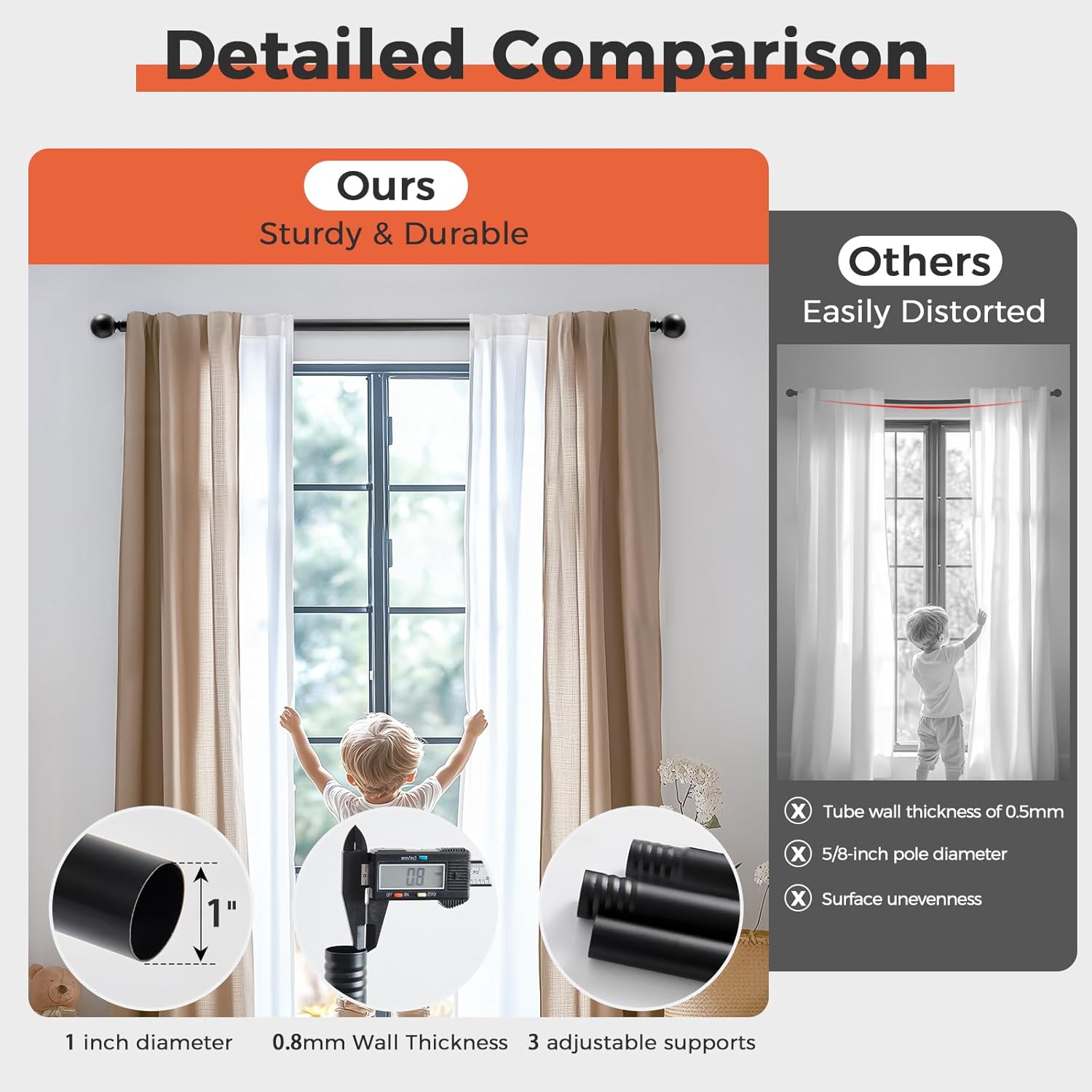 jinchan Black Curtain Rods for Windows 66 to 120 Inch, 1 Inch Diameter Adjustable Heavy Duty Outdoor Long Window Curtain Rod for Bedroom, Boho Decorative, 60-120 Inch, Single