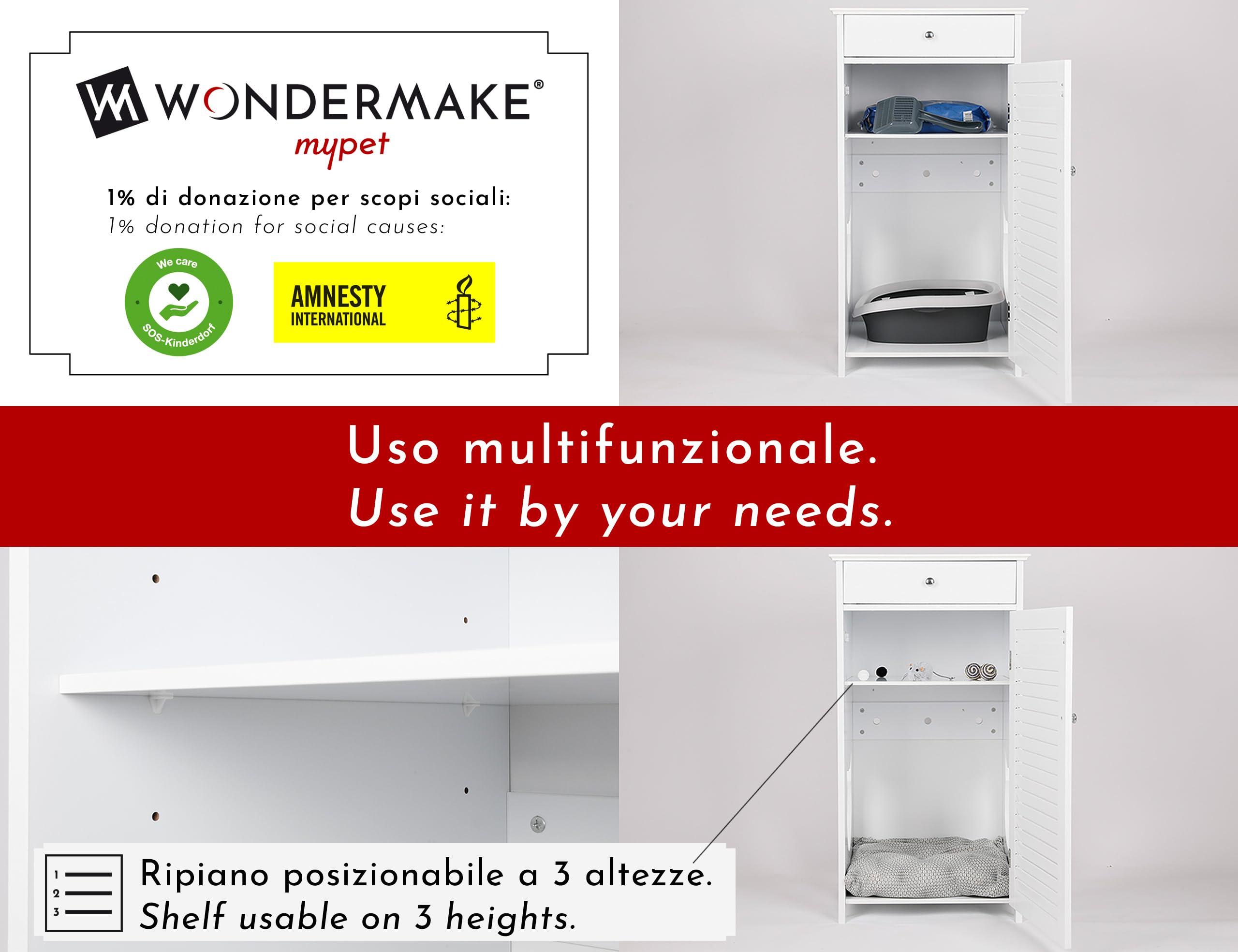 Mobile porta lettiera gatto, mobiletto porta lettiera grande in legno, armadio nicchia per gatti, casetta gatto, modulo mobili per gatti, 51 x 46 x 96 cm, bianco