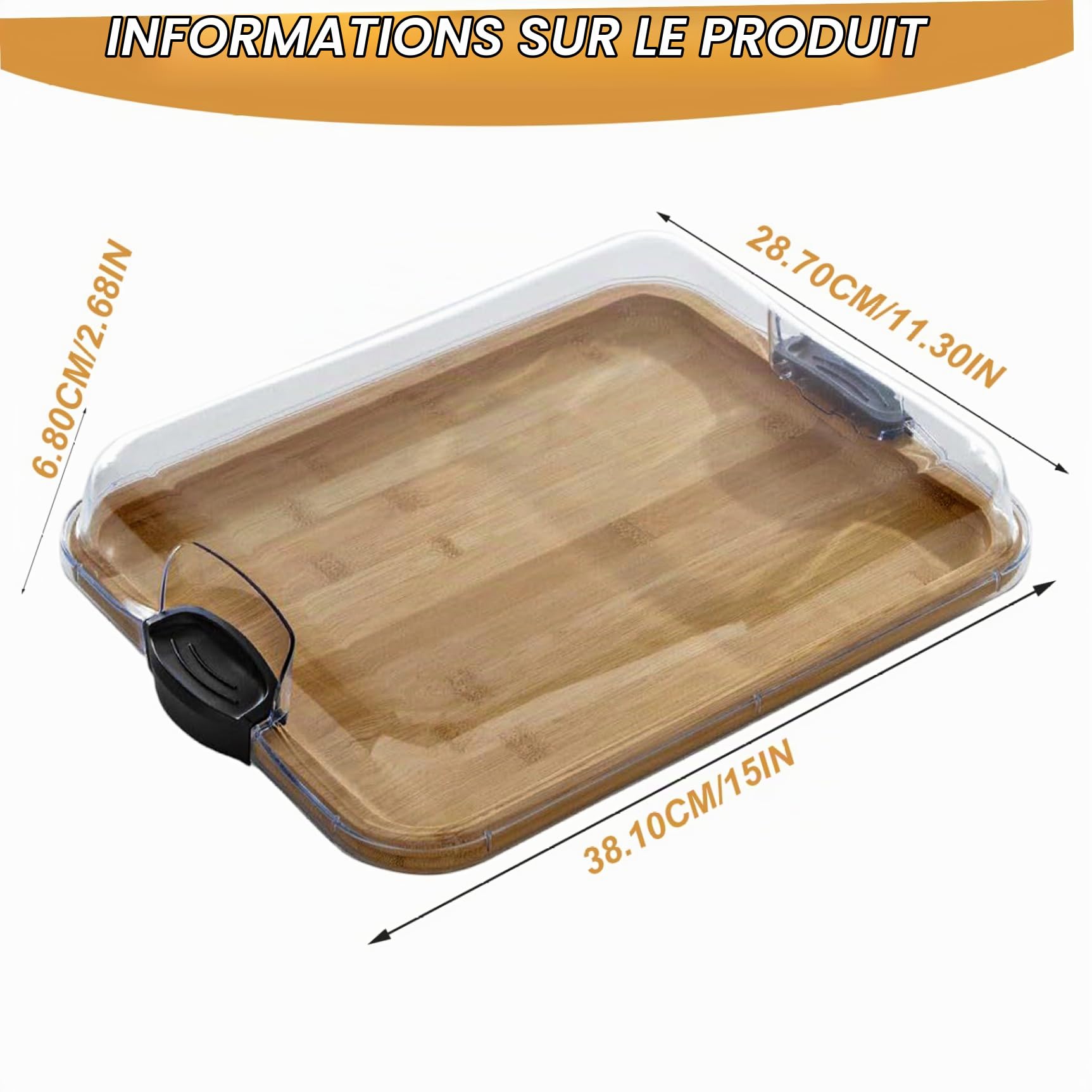 Carte de charcuterie avec couvercle, 15x11.3 pouces 2 en 1 planche à découper en bambou avec couvercle et poignées de verrouillage transparent, plateau en bois pour collation et serveur fromage