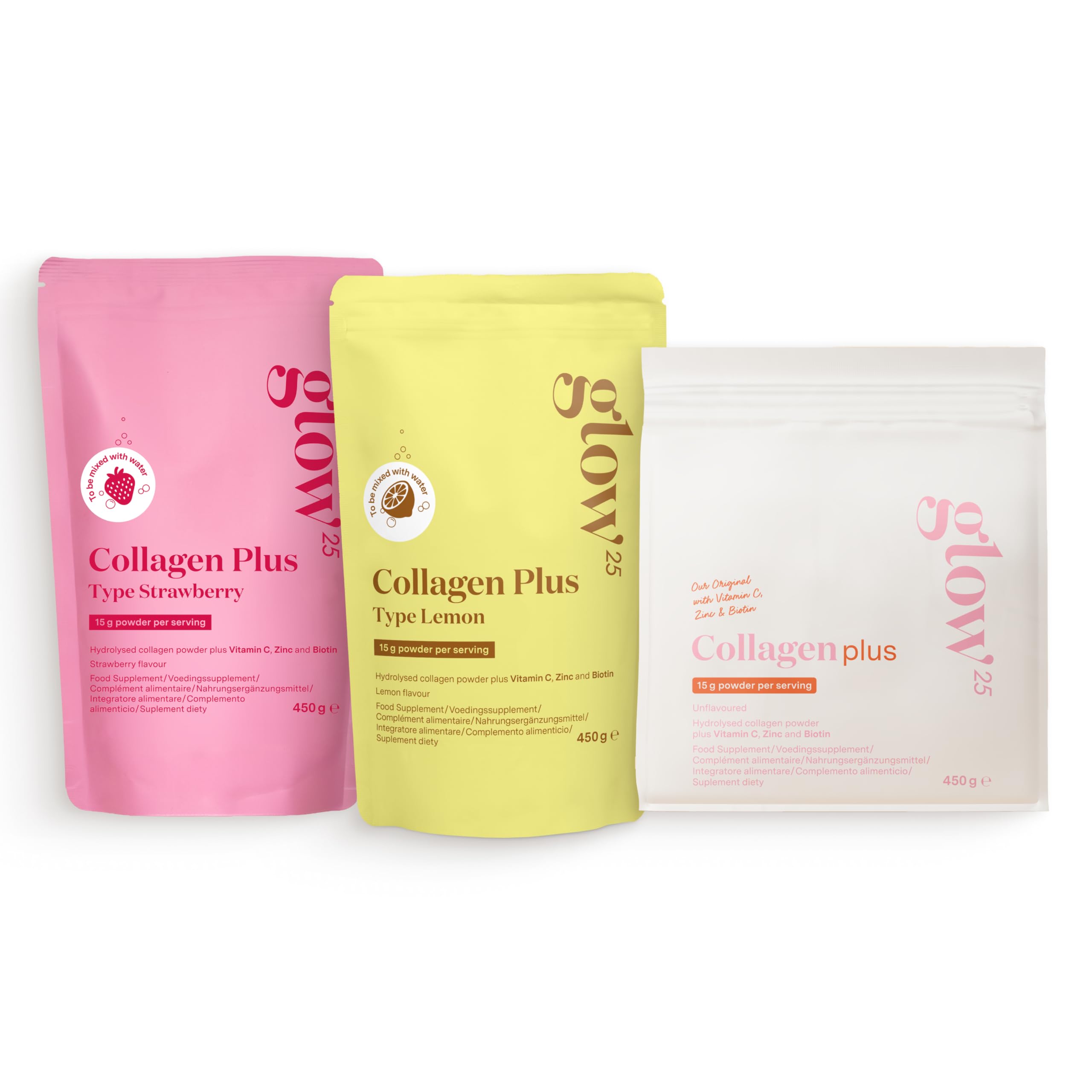 Glow25® Trio Collagène Plus, Collagène Plus Citron & Collagen Plus Fraise – Vitamine C, Zinc, Biotine – Peptides Type 1 et 3