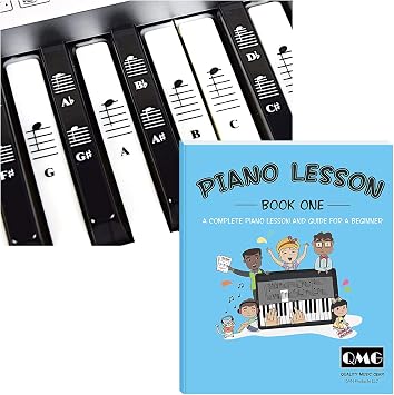 QMG Piano & Keyboard Stickers with Beginner Lesson Book Complete Learning Kit for Note Recognition, Sheet Music Basics & Practice Fits 49/54/61/76/88-Key Keyboards