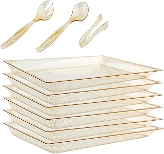 WELLIFE 24 Pack Plastic Gold Glitter Serving Tray with Disposable Utensils, 6 Rectangle Platter 15” x 10”, 6 Serving Spoons 10”, 6 Serving Forks 10”, 6 Serving Tongs 6.3” for Buffet