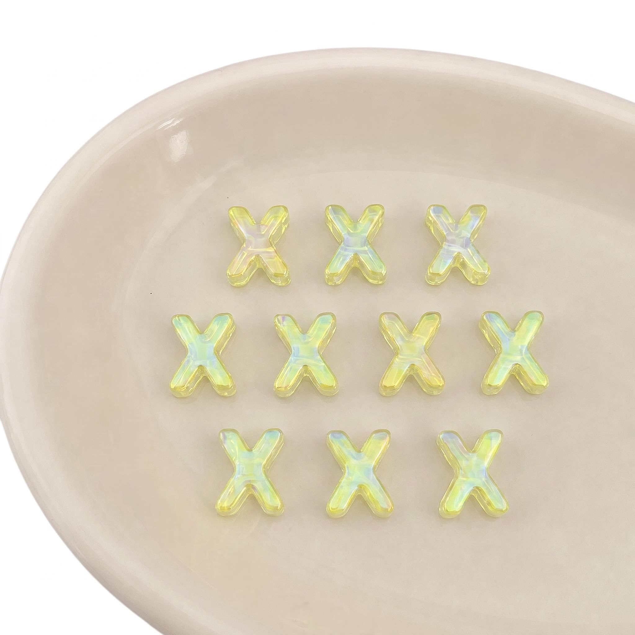 Letter Beads 10pcs, Large Acrylic Alphabet Beads with 6mm Hole, Iridescent Holographic UV Plated for Bracelet Making, Jewellery, Keyrings & Craft (Iridescent Yellow, Letter X)