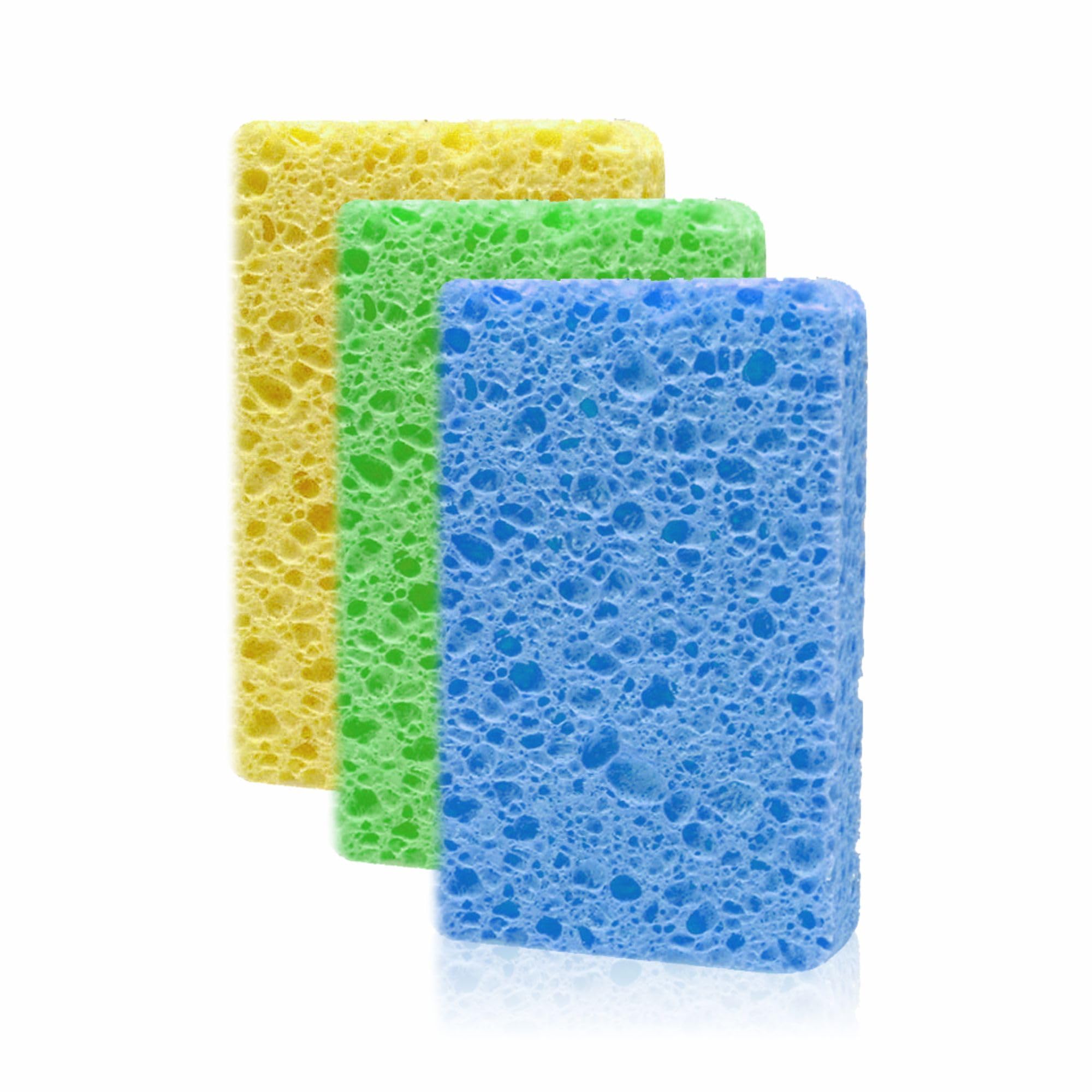 Heavy Duty Cellulose Sponges - Absorbent Non Scratch Wipes - Reusable Dish Scrubber for Dishes, Windows, Kitchen, Bathroom - 3 Pack (16 x 11cm)