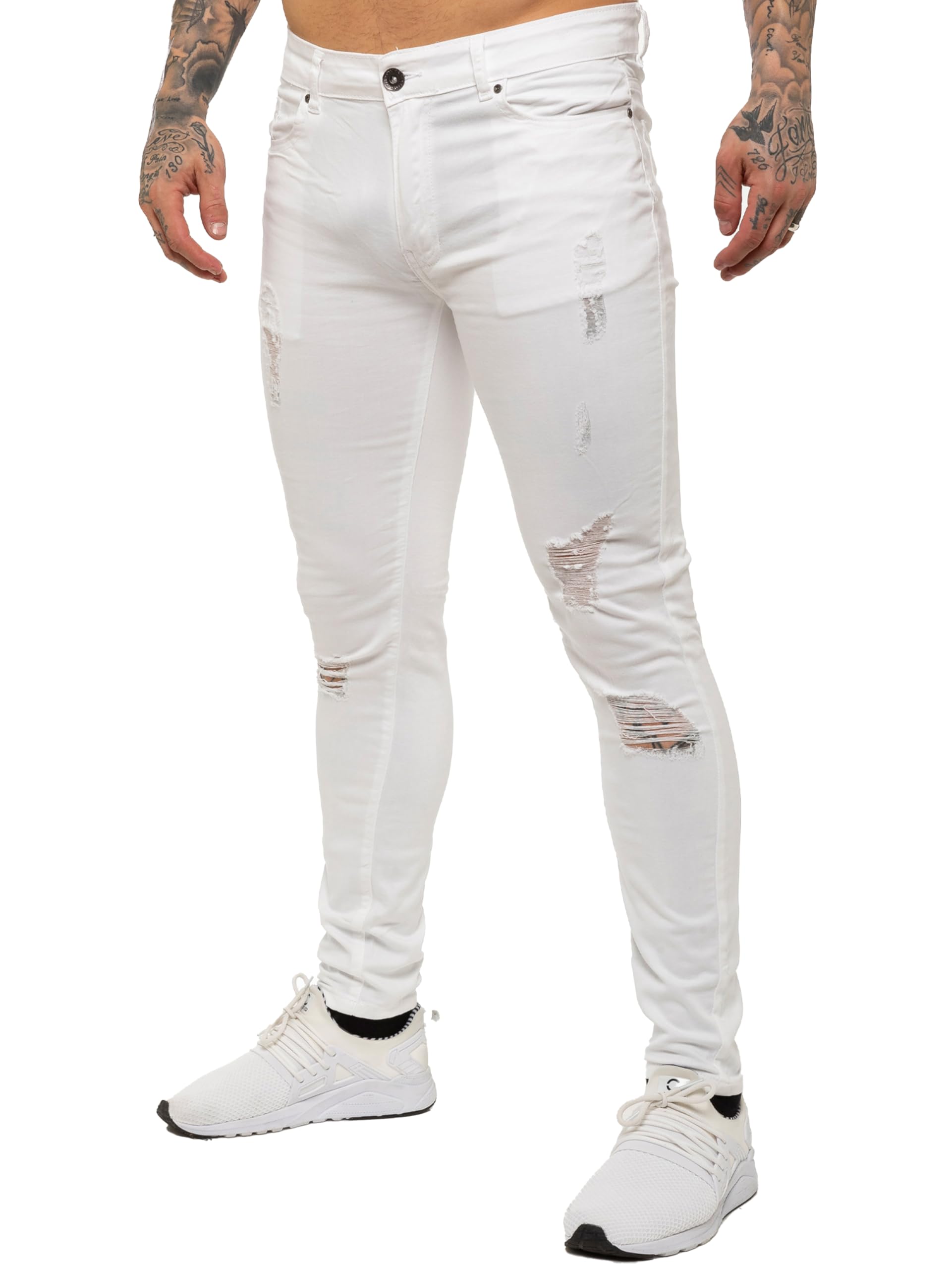 989Zé ENZO Mens Skinny Ripped Jeans Casual Stretch Distressed Denim Pants, White, 32W / 30L