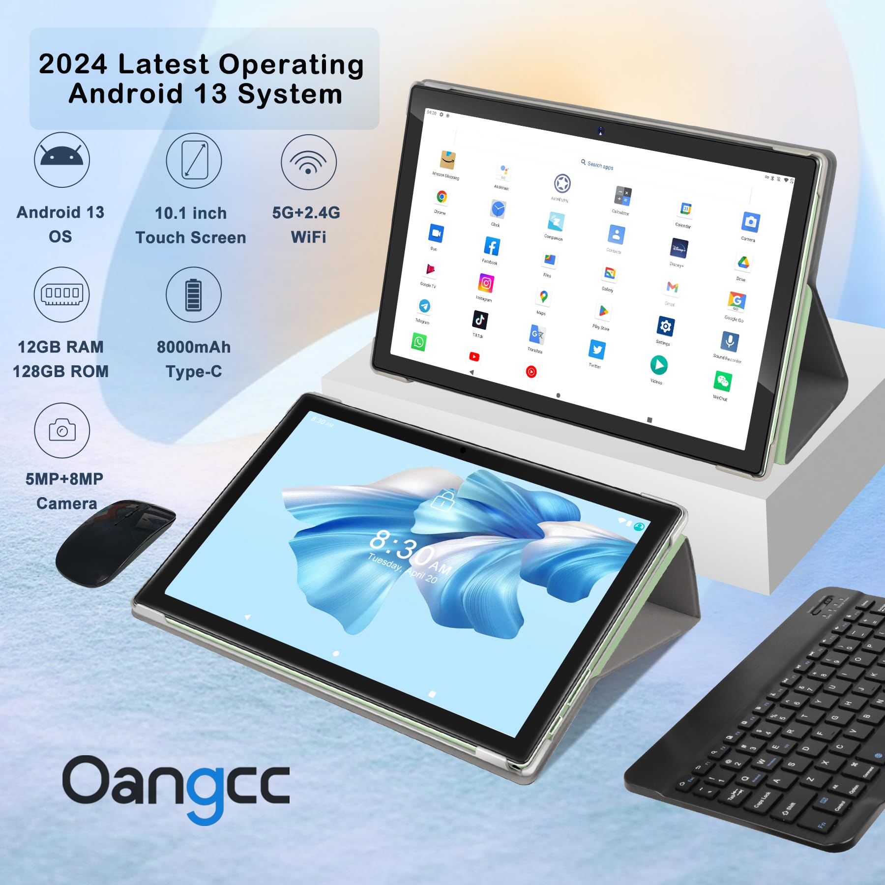 Oangcc Tablet 10 Pollici Android 13 OS Tablets con 5G WiFi, 12GB+128GB(TF 512GB/1TB), Octa-Core, Processore 2.0 GHz, 8000mAh, Schermo Widget, Controllo Parentale, Tablet con Tastiera+Mouse - Verde