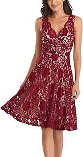 Women's Floral Lace Overlay Fit and Flare Dress Sexy V-Neck Knee Length Elegant Party Wedding Dress