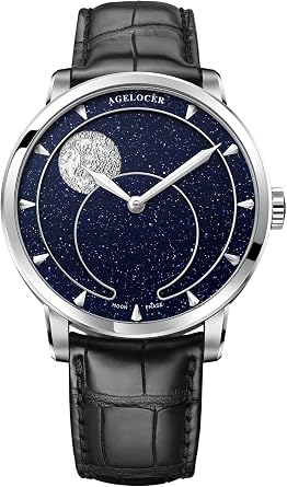 Agelocer Mens Automatic Moon Phase Rotating Mechanical Luxury Leather Buckle Masculine Watch 6406A1