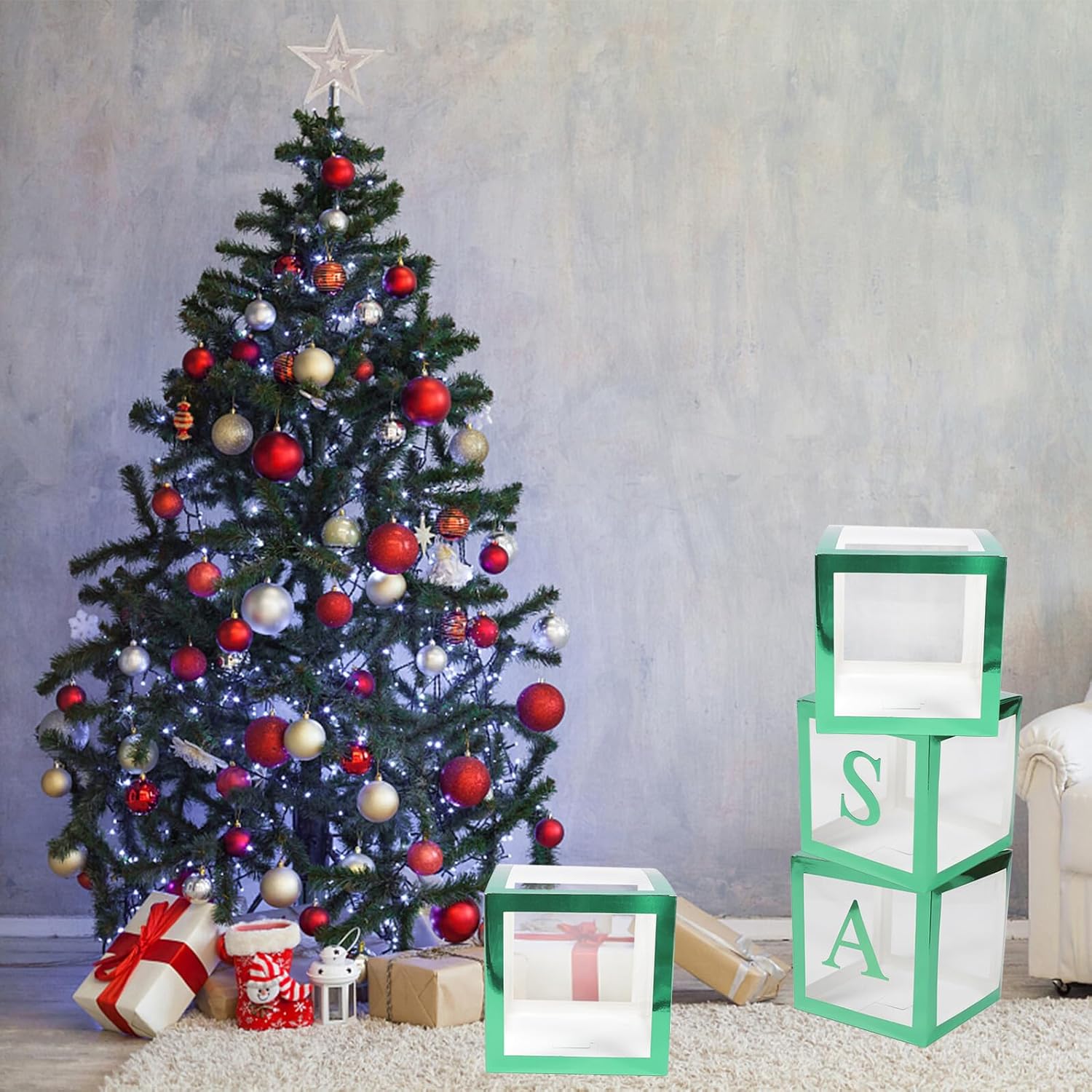 NUOBESTY Christmas Balloon Box Set Decorative Balloon Storage Case with Green Color and Xmas Letters for Party Decorations and Holiday Event Supplies