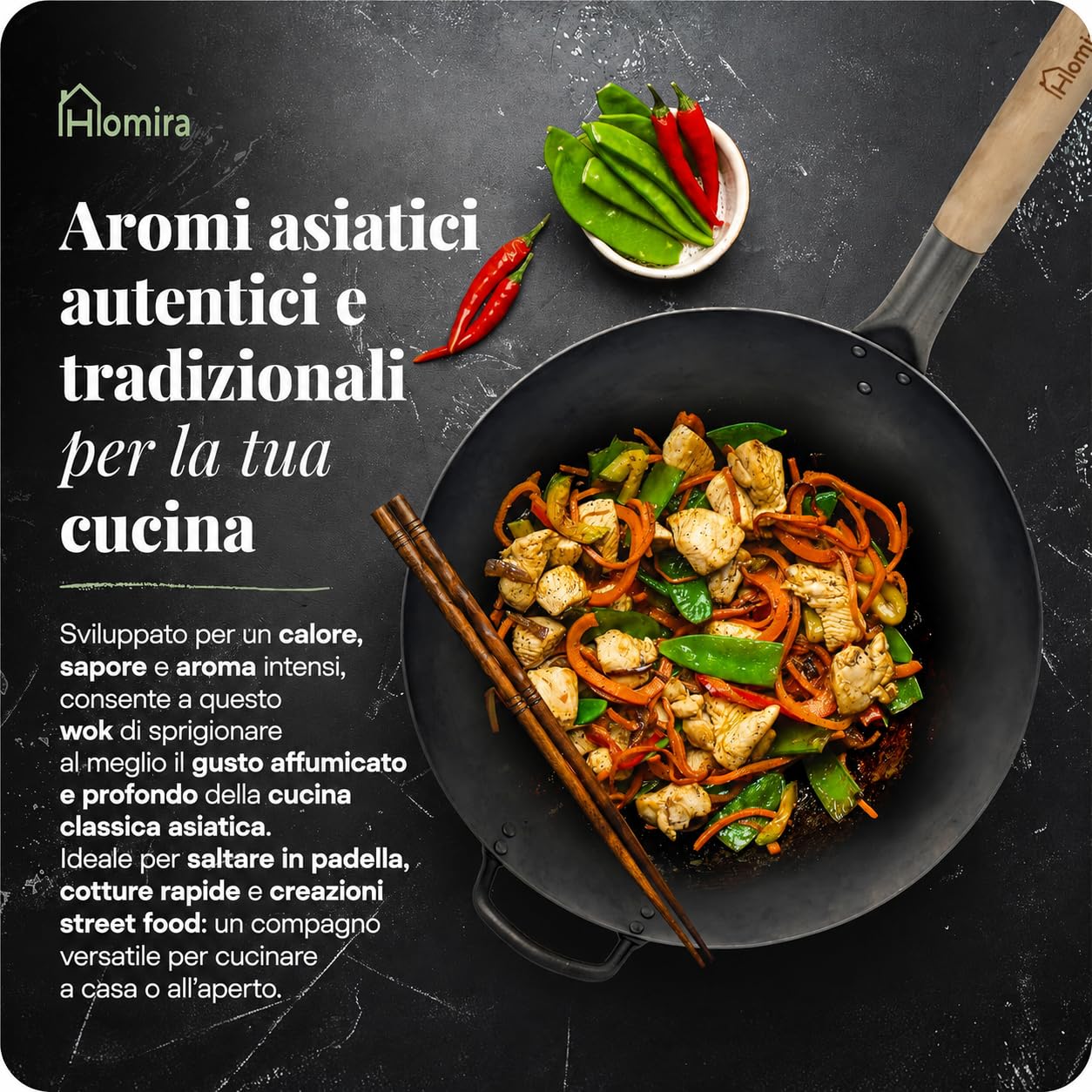 Homira Wok 36 cm in Acciaio al Carbonio, Martellato a Mano, Fondo Piatto e Manico in Legno, Senza PFAS, Padella Wok Cinese per Tutti i Piani Cottura, Induzione, Gas, Barbecue e Outdoor