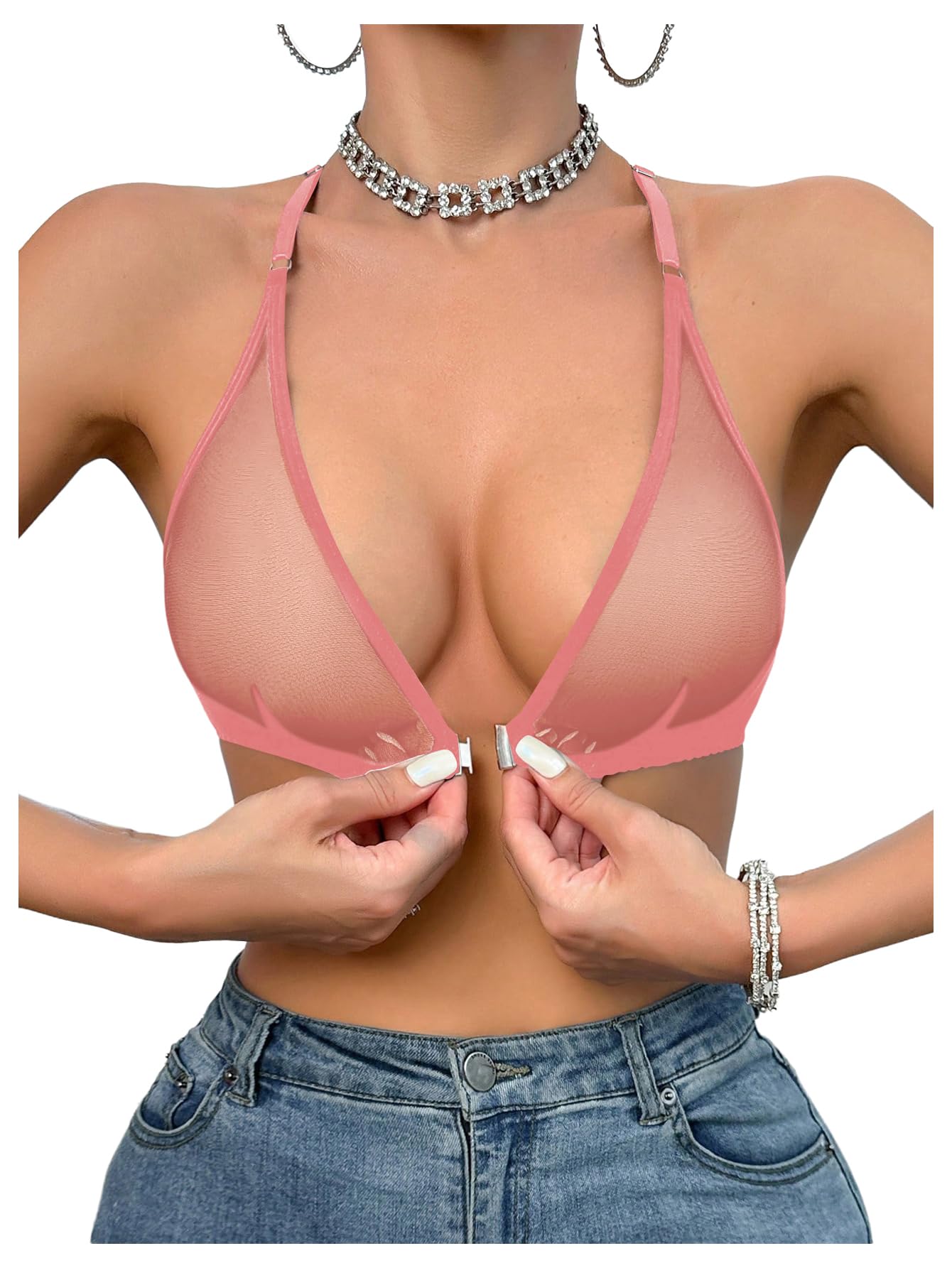 SOLY HUX Women's Sheer Mesh Bralette Front Closure Bras