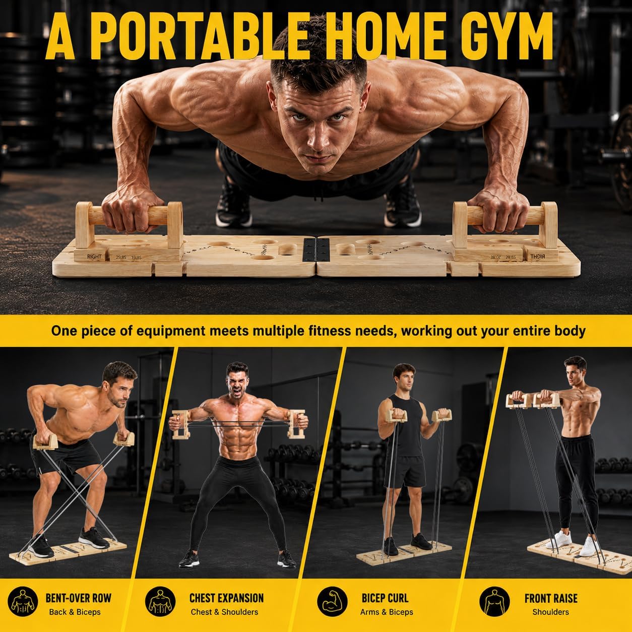 Wooden Push Up Board, 15-80lbs Adjustable Resistance Bands Foldable Strength Training Board, 350lbs Load Capacity Solid Pine Wood Pushup Stand with Carry Bag for Home Gym Full Body Workout Men Women