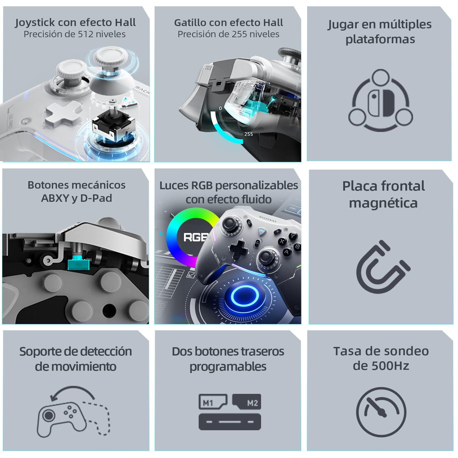 Machenike G5 Pro Mando PC Inalambrico for Windows,Switch,IOS&Android,Mando para PC,Hall Effect Joystick＆Triggers/Gyroscope,RGB Lights (Negro)