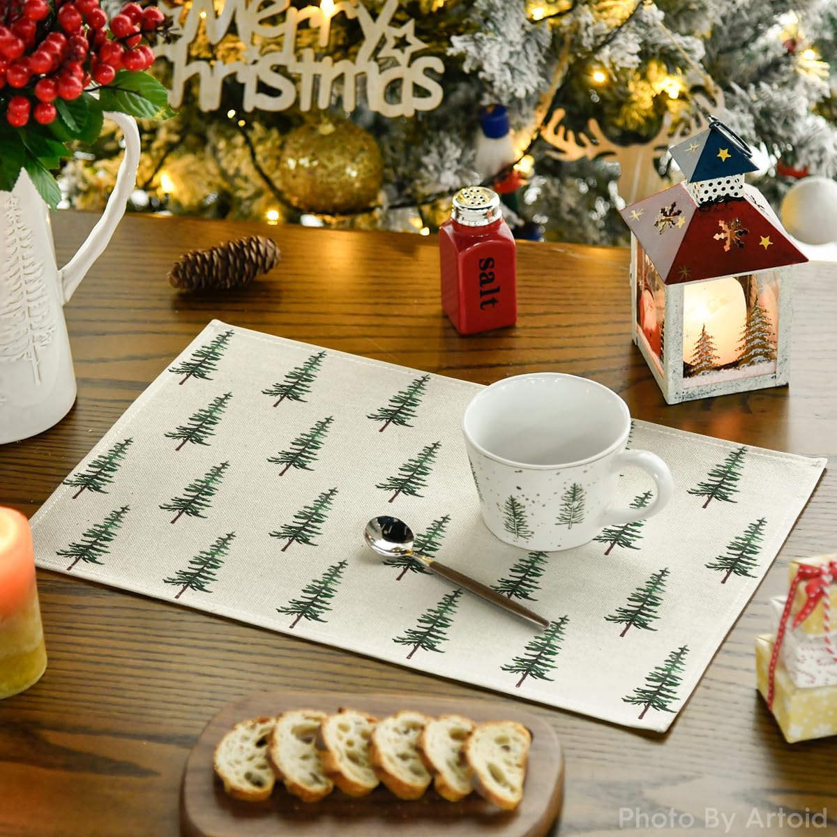 Artoid Mode Green Xmas Pine Christmas Placemats Set of 4, 12x18 Inch Seasonal Christmas Table Mats for Party Kitchen Dining Decoration