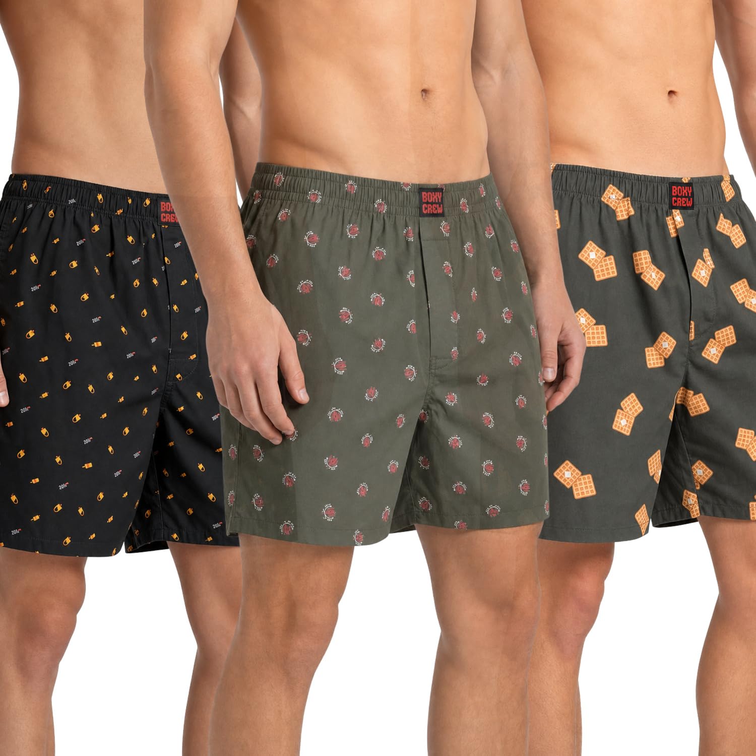 Men's 100% Cotton Printed Boxer Shorts Pack of 3 with Dual Side Pockets and Fabric-Covered Waistband - Black/Olive/Brown, Styles MBX016, MBX026, MBX030-image-25
