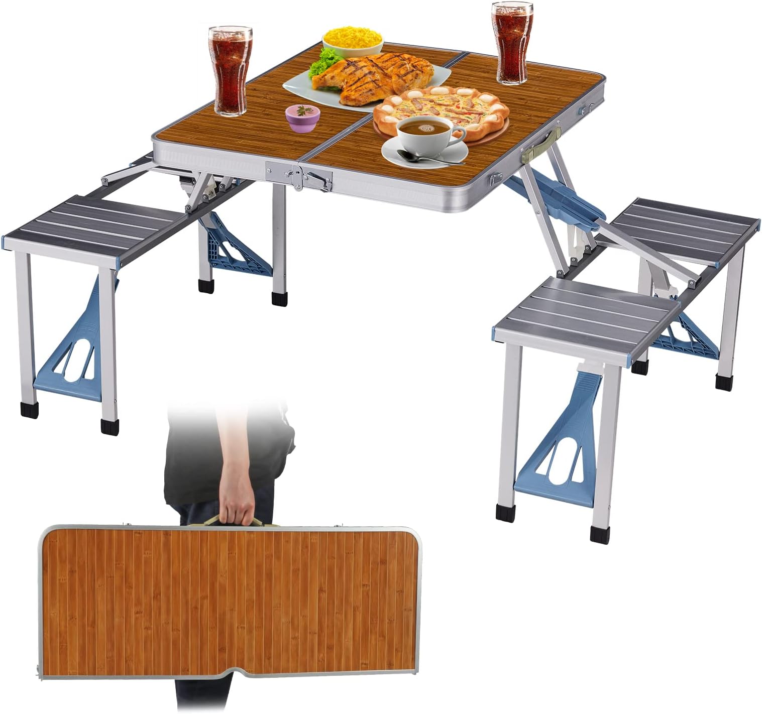 BIGTREEPicnic Table Folding Portable 4-Person Fold Up Travel Camping Table for Indoor, Outdoor Travel, Patio, Lawn, Garden (Bamboo Table)