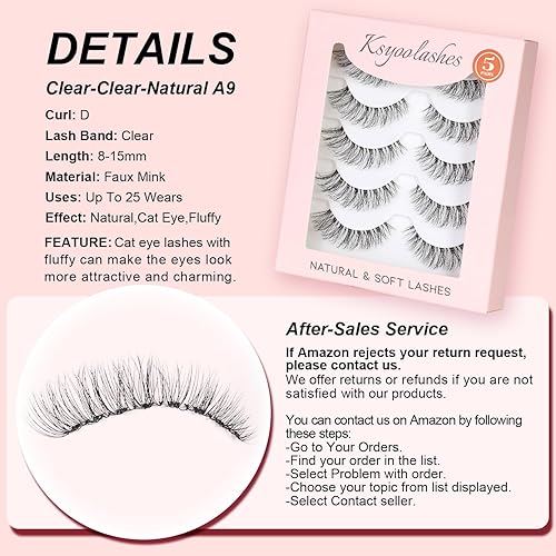 Miniatura 3 de KSYOO Pestañas de tira natural con banda transparente, pestañas rizadas en D de ojo de gato de 0.31 a 0.59 pulgadas que parecen extensiones,