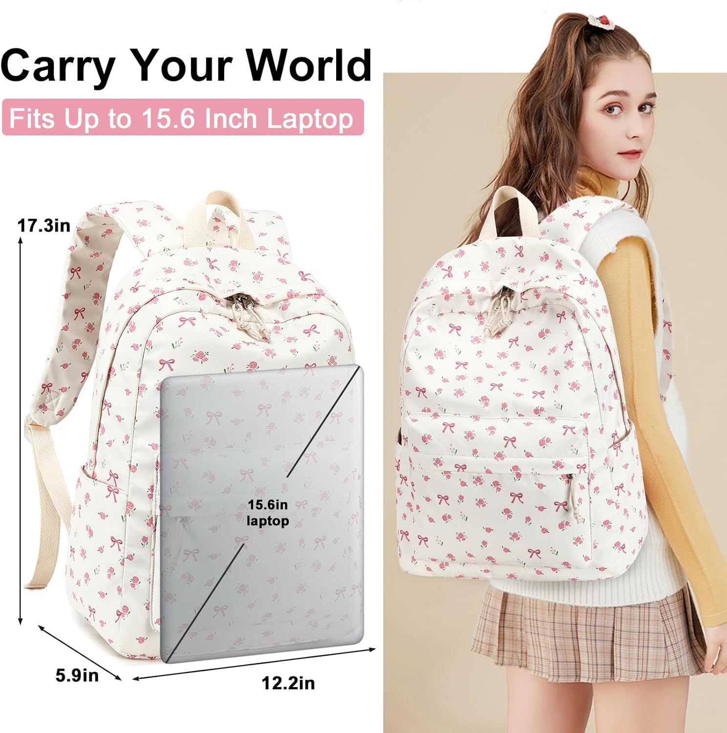 LOIDOU Backpack for Girls School Backpacks Bookbags for Elementary Middle School Women Laptop Backpacks (conquette white) - Image 6