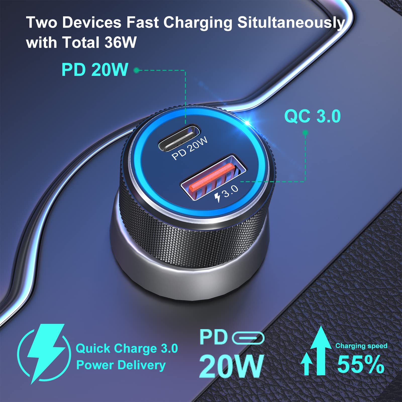 Cargador de coche USB C, Bangfun [paquete de 5] Adaptador de cargador de coche USB rápido de 36W PD (negro)