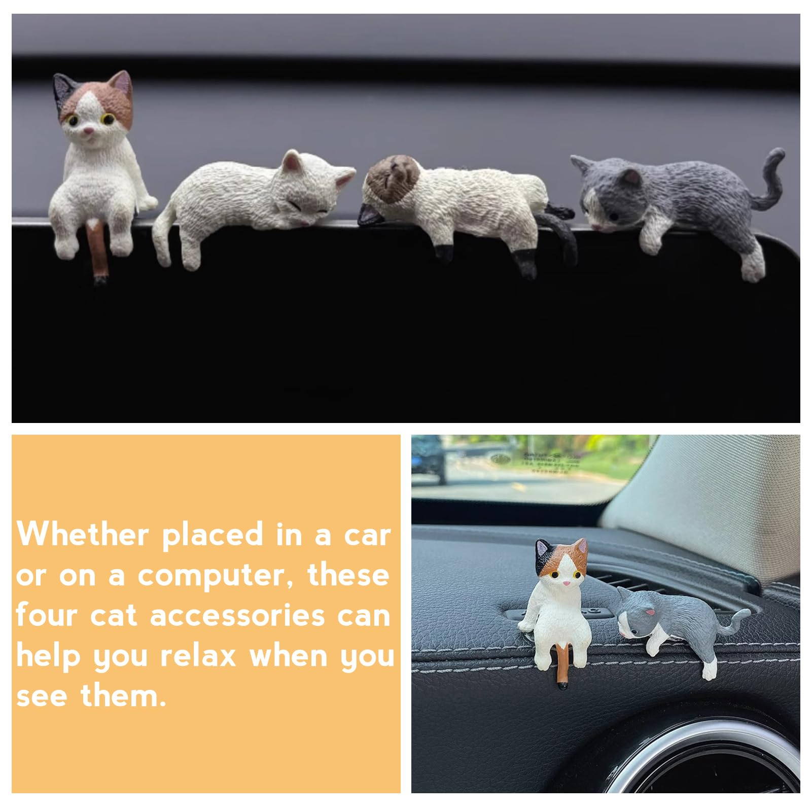 4 Pcs Cute Mini Cat Figures, Car Interior Decoration Rear View Mirror Ornaments - Image 3