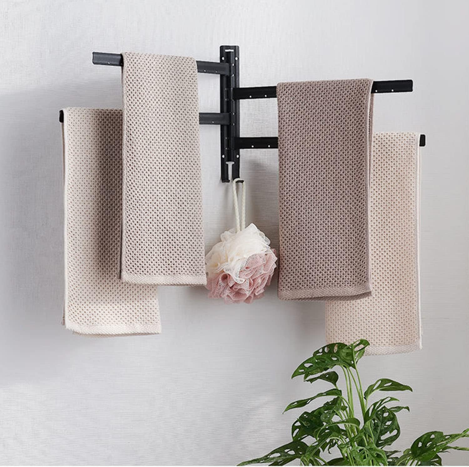 Swivel Towel Rail Stainless Steel Towel Rack with 4 Arms and 10 Hooks Wall Mounted Towel Holder for Bathroon Kitchen Black