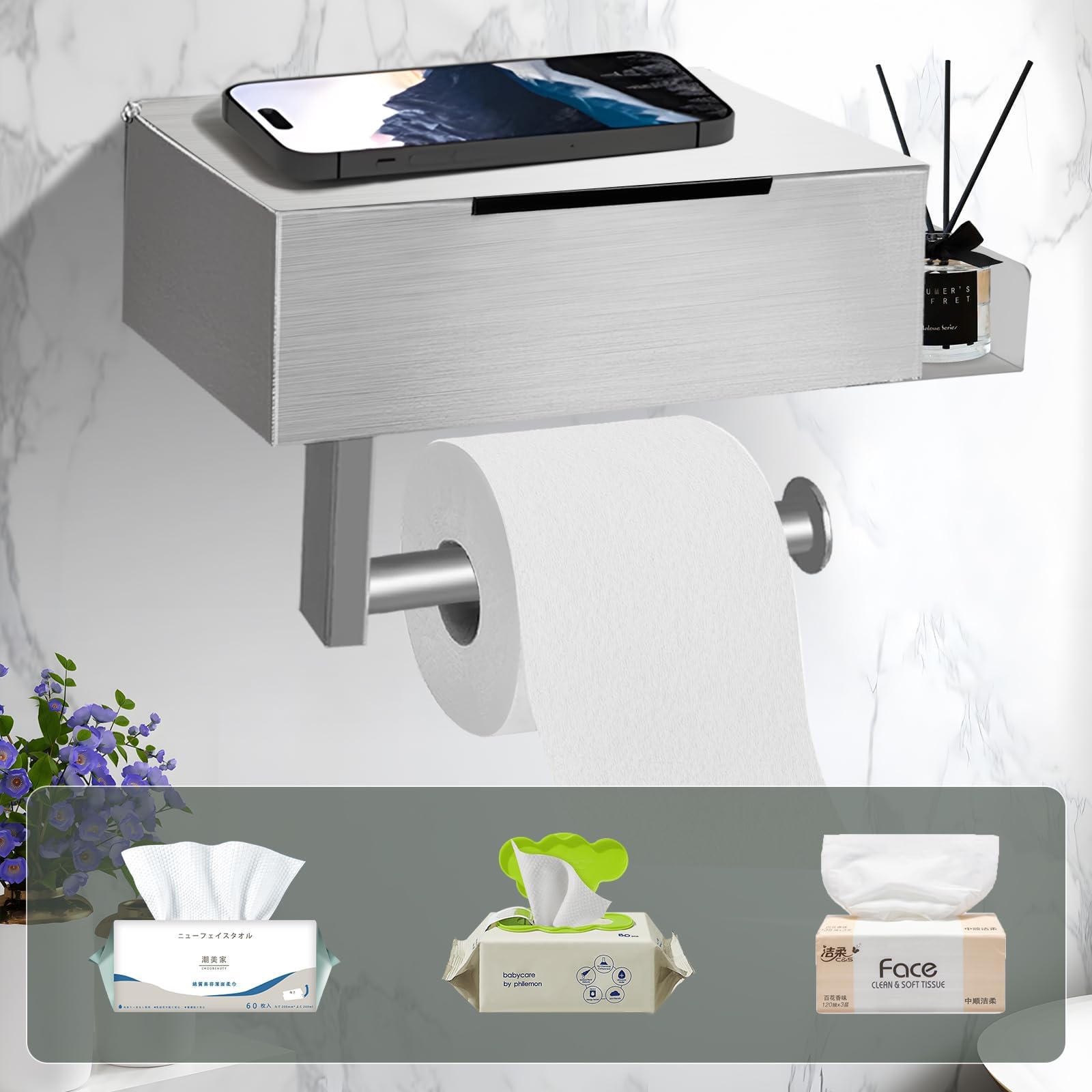 DOKKOME Toiletpapierhouder, Zonder Boren, Wc Rolhouder Toiletpapierhouder Met Vochtige Doekjesbox Plank Voor Badkamer Zelfklevend Of Wit 1884123291