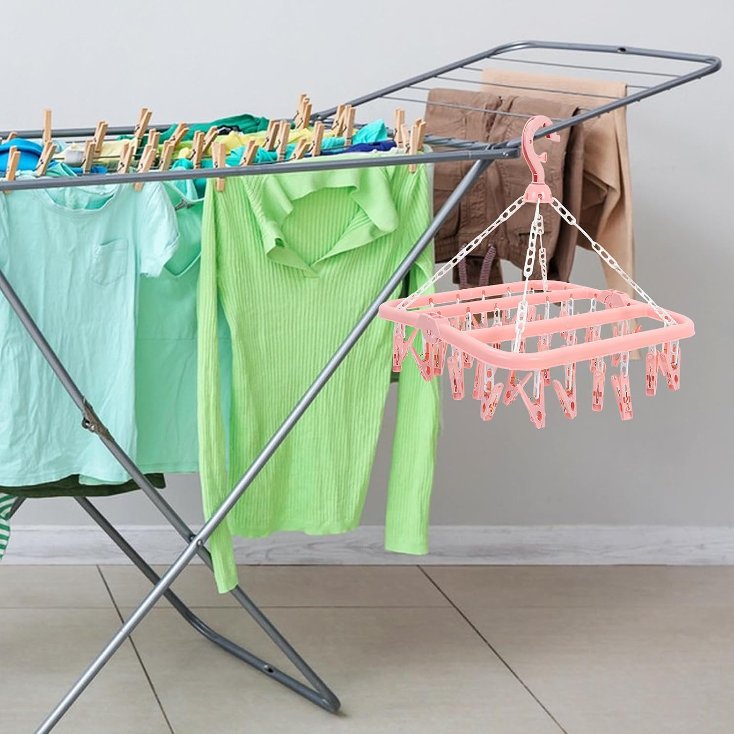 Cabilock 2pcs Multi-Clip Sock Drying Rack with 32 Clips, Foldable Laundry Hanger for Socks, Hats, Scarves, and Towels, Windproof Clothes Holder for Home and Travel, Nordic Pink