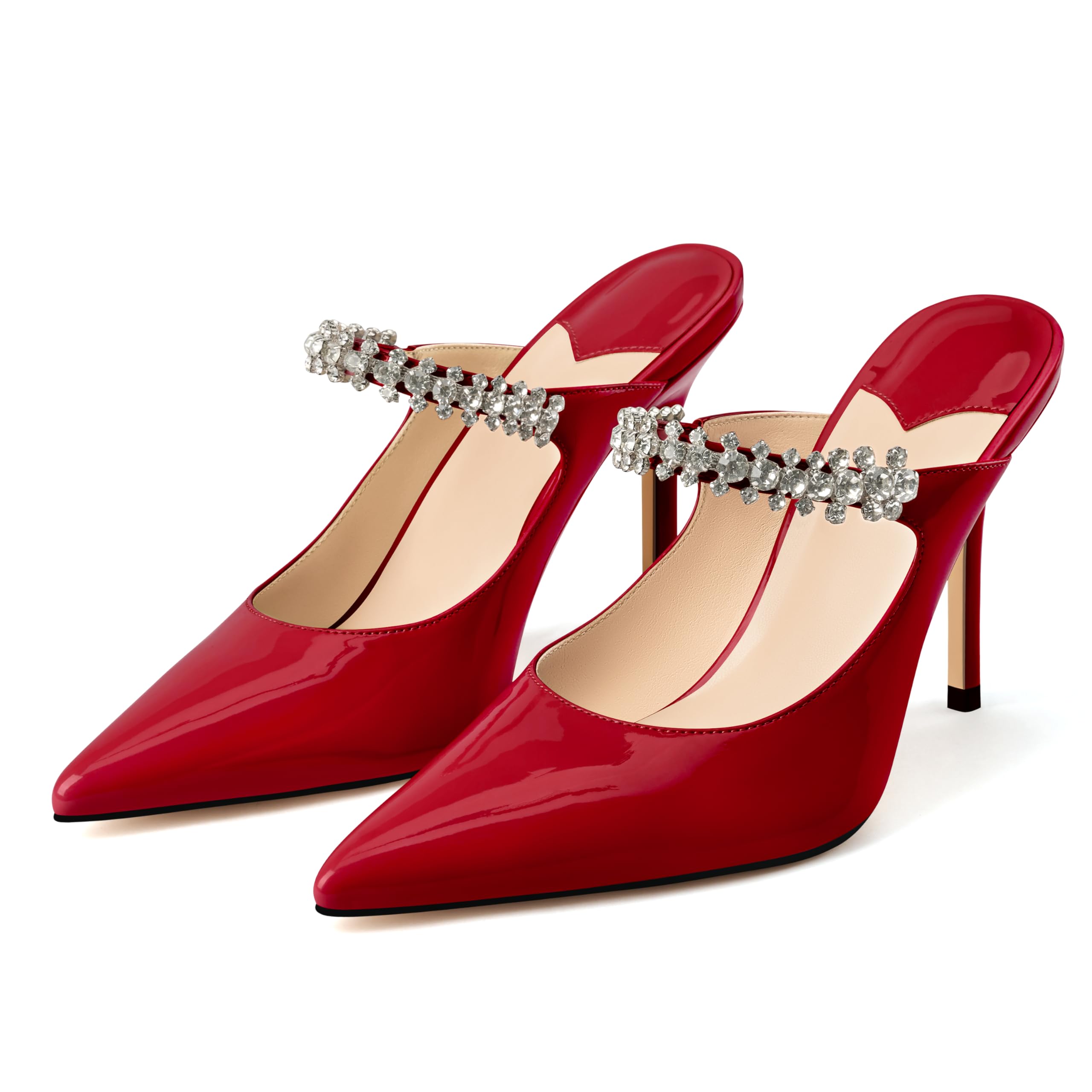 MIRAAZZURRA Women Heeled Mules Rhinestone Strappy Pointed Toe Mules Stiletto High Heels Slip On Bridal Sandals for Women