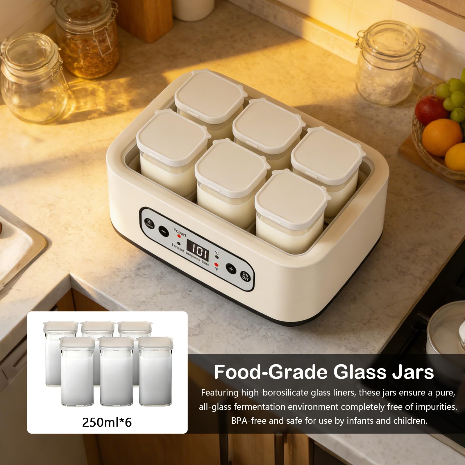 Yogurtiera, Macchina per Yogurt da 1,6L con 6 Vasetti da 250 ml Yogurtiera con Impostazione del Timer da 1 a 99 ore Controllo Della Temperatura da 21 a 48°C e LCD Display per Yogurt Natto Vino di Riso