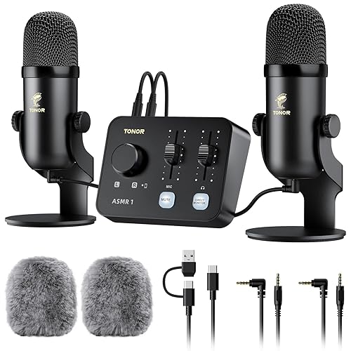 TONOR ASMR Microphone Equipment Bundle with Audio Interface, Immersive 3D Stereo Audio, Dual Condenser Mics with Audio Mixer, Clear Sound, Volume Control, with Furry Windscreens, Set for ASMR, Black - Black