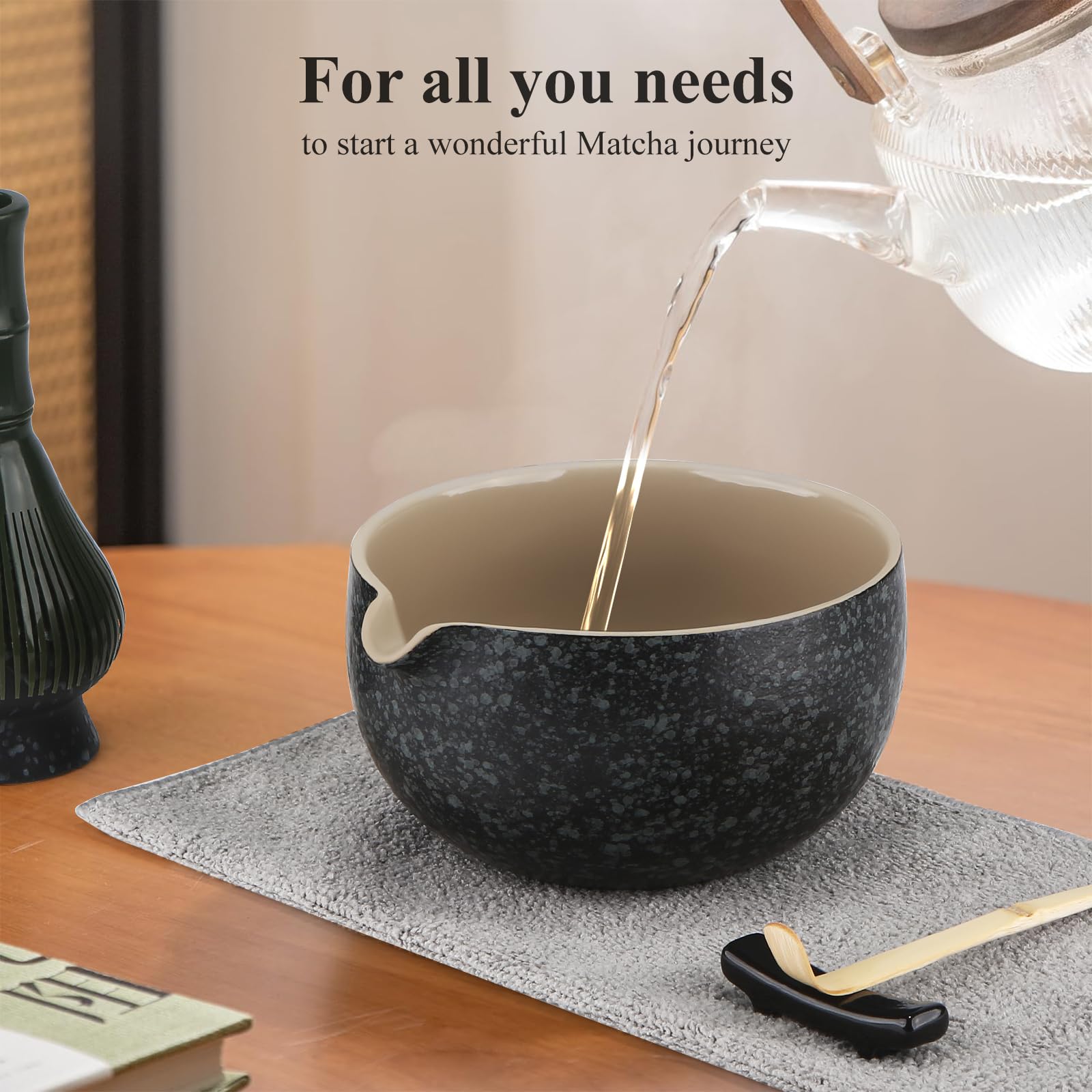 7-częściowy zestaw do parzenia matchy, z miotełką z żywicy, łyżeczką, uchwytem na miotełkę, sitkiem, szpatułką, tradycyjne japońskie akcesoria do parzenia herbaty, na prezent, czarny cętkowany