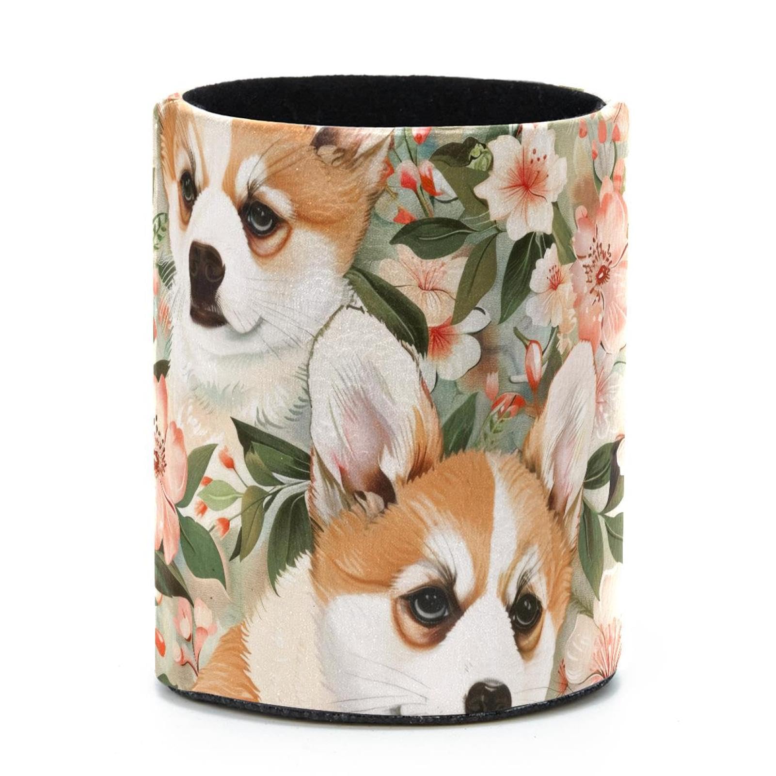 VAPOKF Round Pencil Holders for Desk, Corgi Florals Pen Holders Pen Pot Makeup Brushes Storage Desktop Stationery Supplies Organiser for Home Office