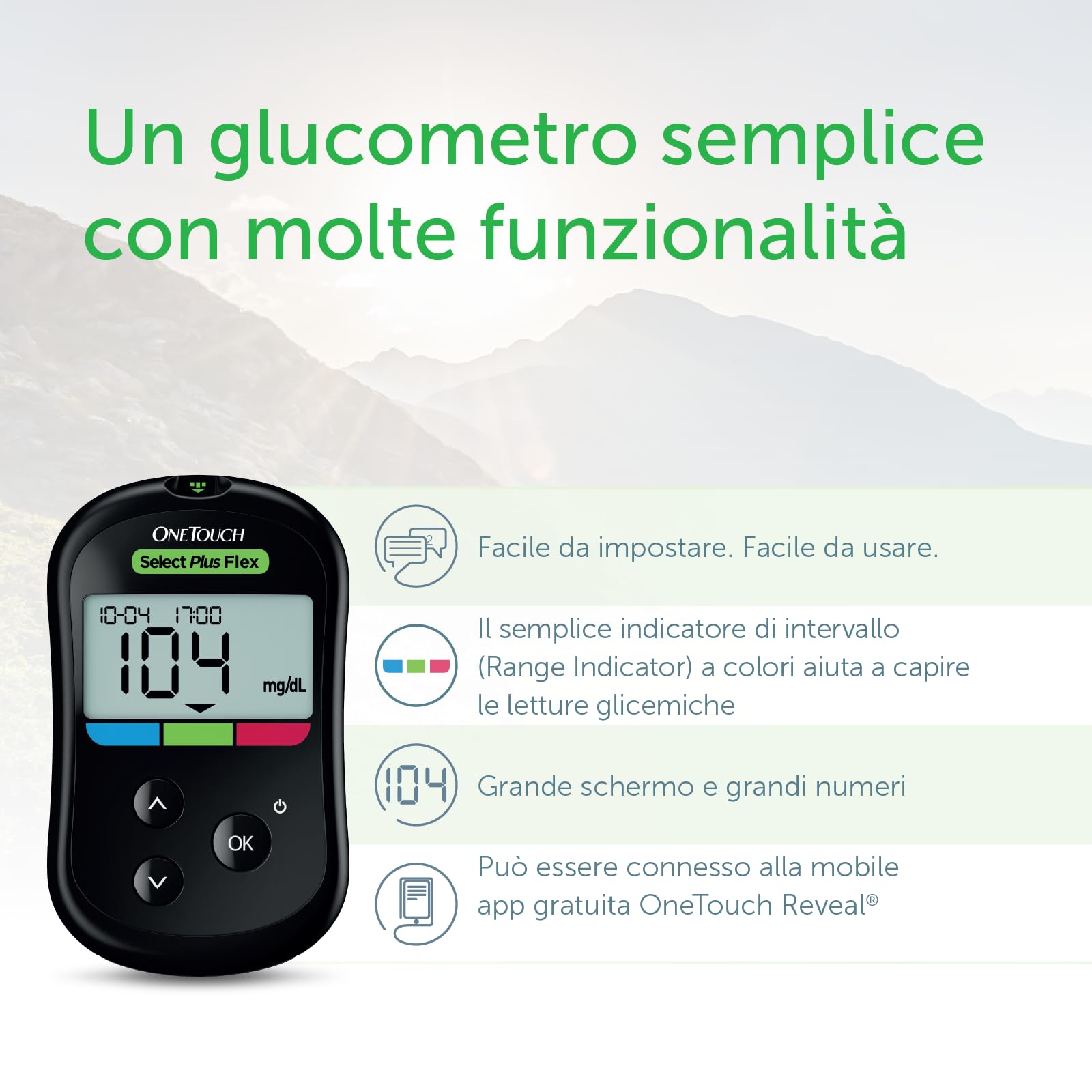 OneTouch Select Plus Flex® Glucometro | Sistema per l‘automonitoraggio della glicemia | contiene 1 glucometro, 1 dispositivo pungidito, 10 lancette sterili