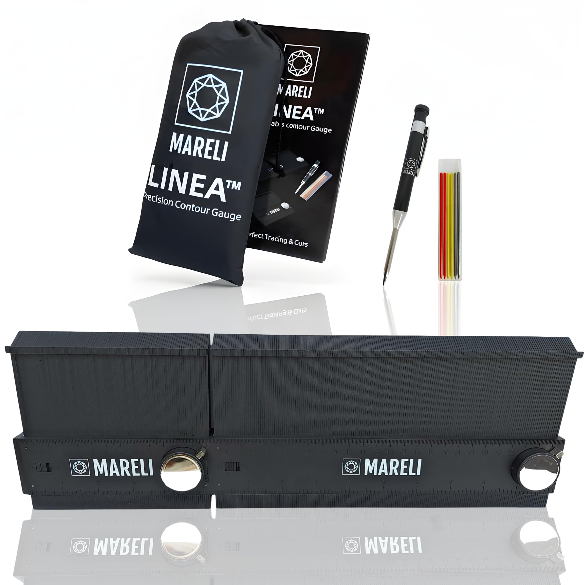 LINEA Replicatore di Contorno 13+25 cm collegabile all’infinito con blocco profilo – Kit con matita, mine, sacca e scatola – Per tracciatura e taglio legno, piastrelle, parquet – Idea regalo fai-da-te