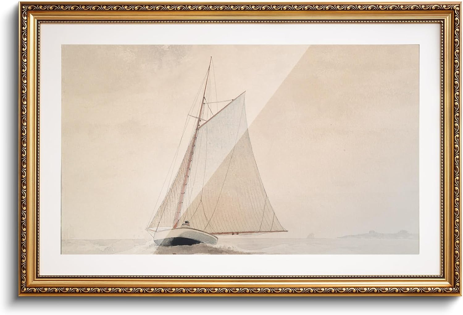 VIYYIEA Gold Framed Large Wall Art Canvas Print Home Decor for Living Room White Sailboat Seascape Watercolor Vintage Beach Painting on Canvas - Coastal Wall Prints for Bedroom Office Bathroom 24x36in White Sailboat 36"L x 24"W