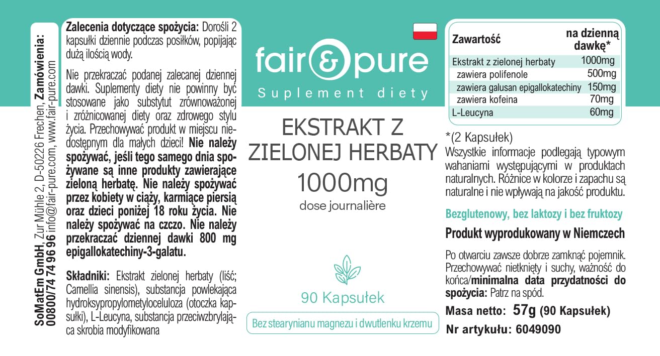 Fair & Pure® - Estratto di tè verde 1000 mg (Camilla sinensis) - 90 capsule - 50% polifenoli (tra cui EGCG) - vegano - senza magnesio stearato
