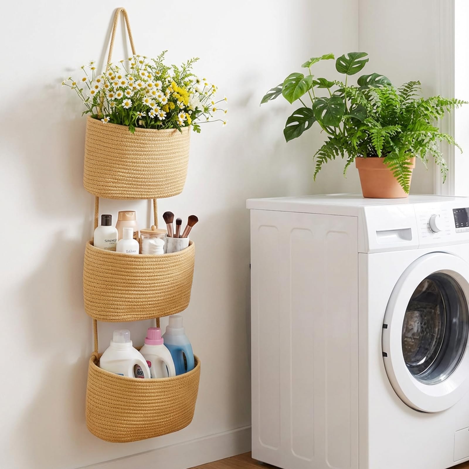 Tasche Portaoggetti Da Parete, 3 Livelli Organizer Per Appendere, Portaoggetti Da Parete Con Tasche In Corda Di Cotone Intrecciata, Per Soggiorno, Bagno, Camera Da Letto (Curcuma)