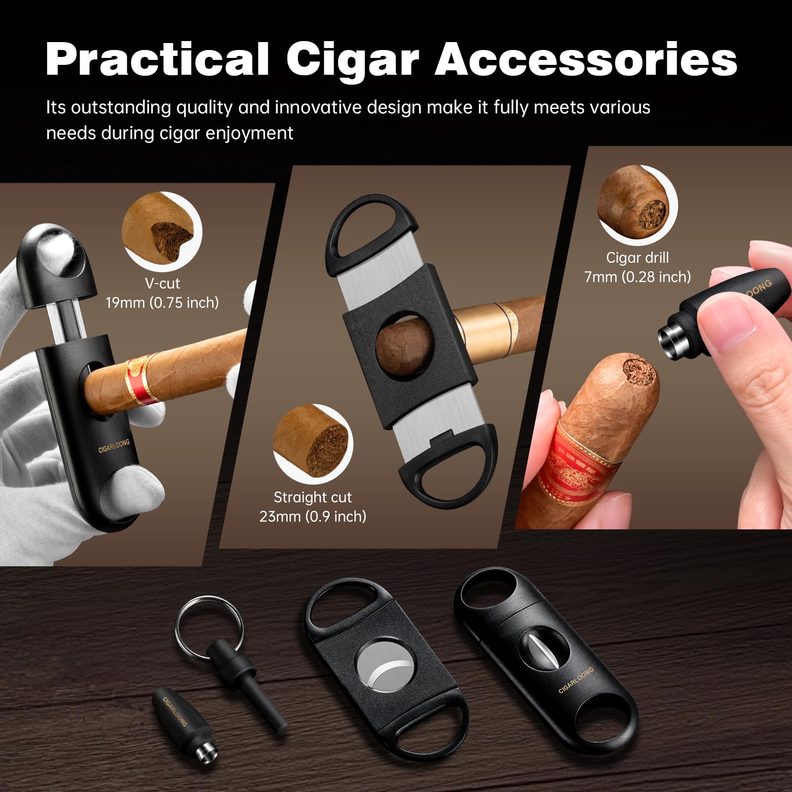 Cave à cigares de voyage - Multifonction - Portable - Avec cutter droit, coupe-V, perforateur et cendrier en céramique - Kit 4 en 1 avec sac pour terrasse, extérieur (marron)