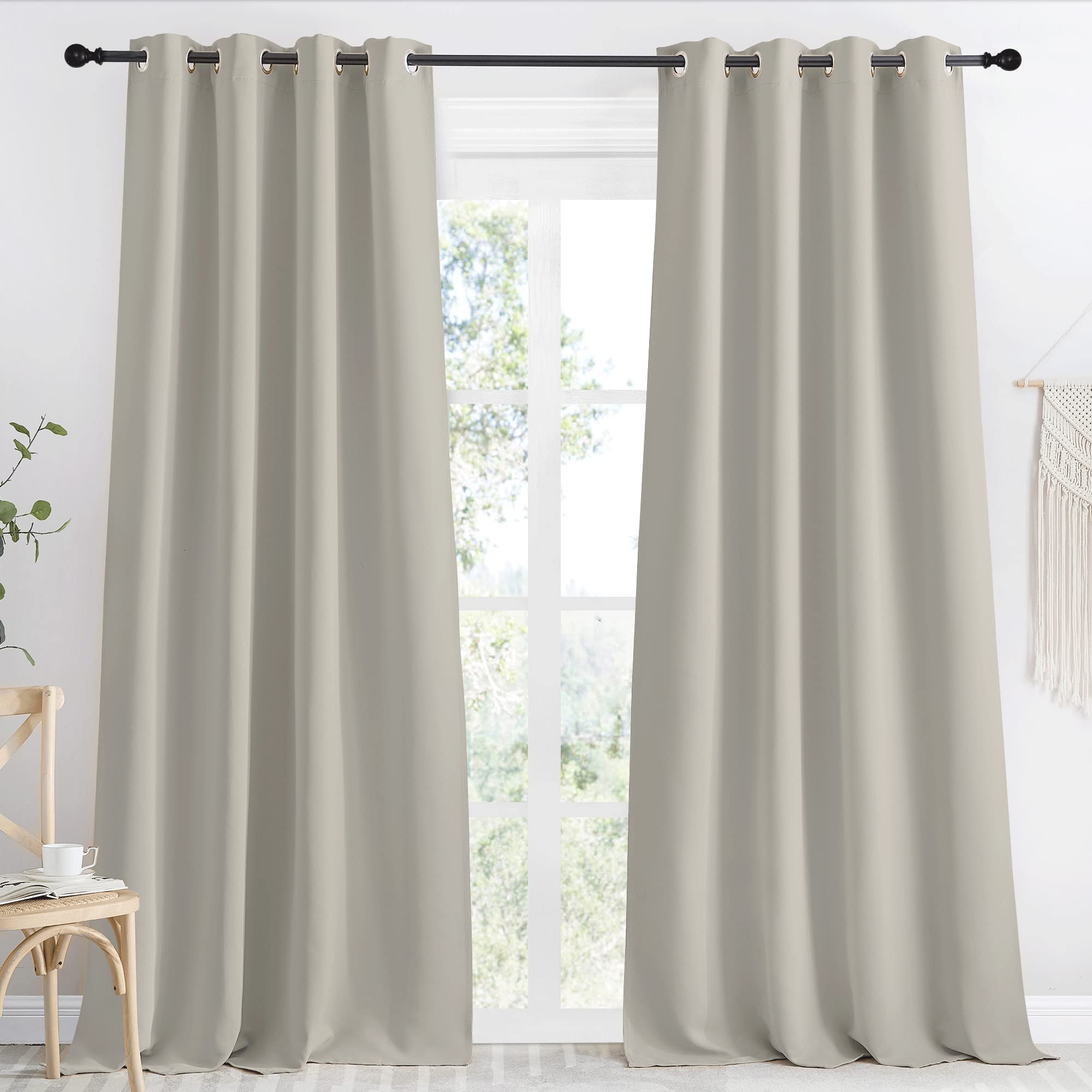 NICETOWN Blackout Natural Curtain for Living Room, 1 Panel, W55 x L96, Thermal Insulated Solid Grommet Sound Reducing Energy Saving Window Drape for Bedroom/Dining Room