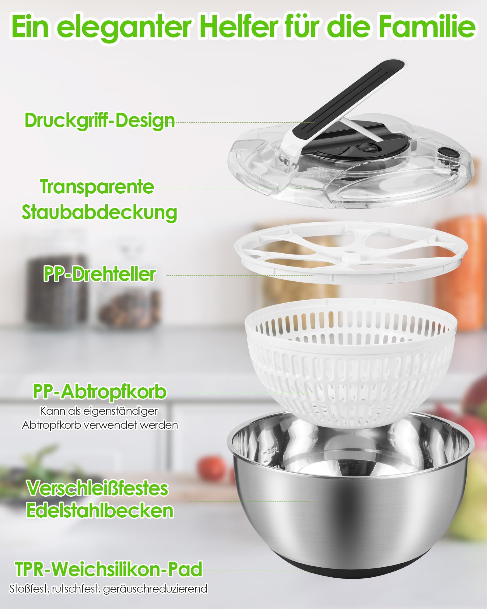Salatschleuder Edelstahl Groß 4,5L, Push-Typ Salatschleuder mit Deckel, Rutschfestem Boden, Salad Spinner Zum Waschen und Abtropfen von Salaten, Abgießen von Nudeln usw