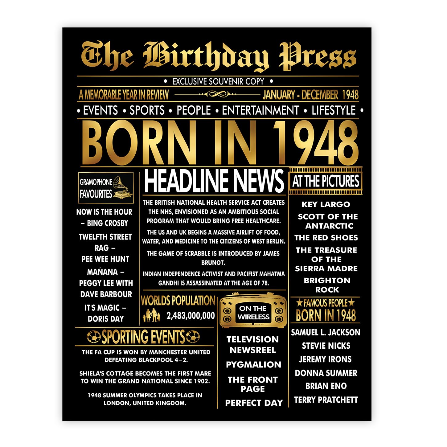 Stuff4 Gold 78th Birthday Poster Unframed - Golden Born In 1948 Newspaper - Happy 78 Birthday for Men Women Retro Vintage Gifts Back In 1948, 8x10 Inch Bday Party Decor Decoration