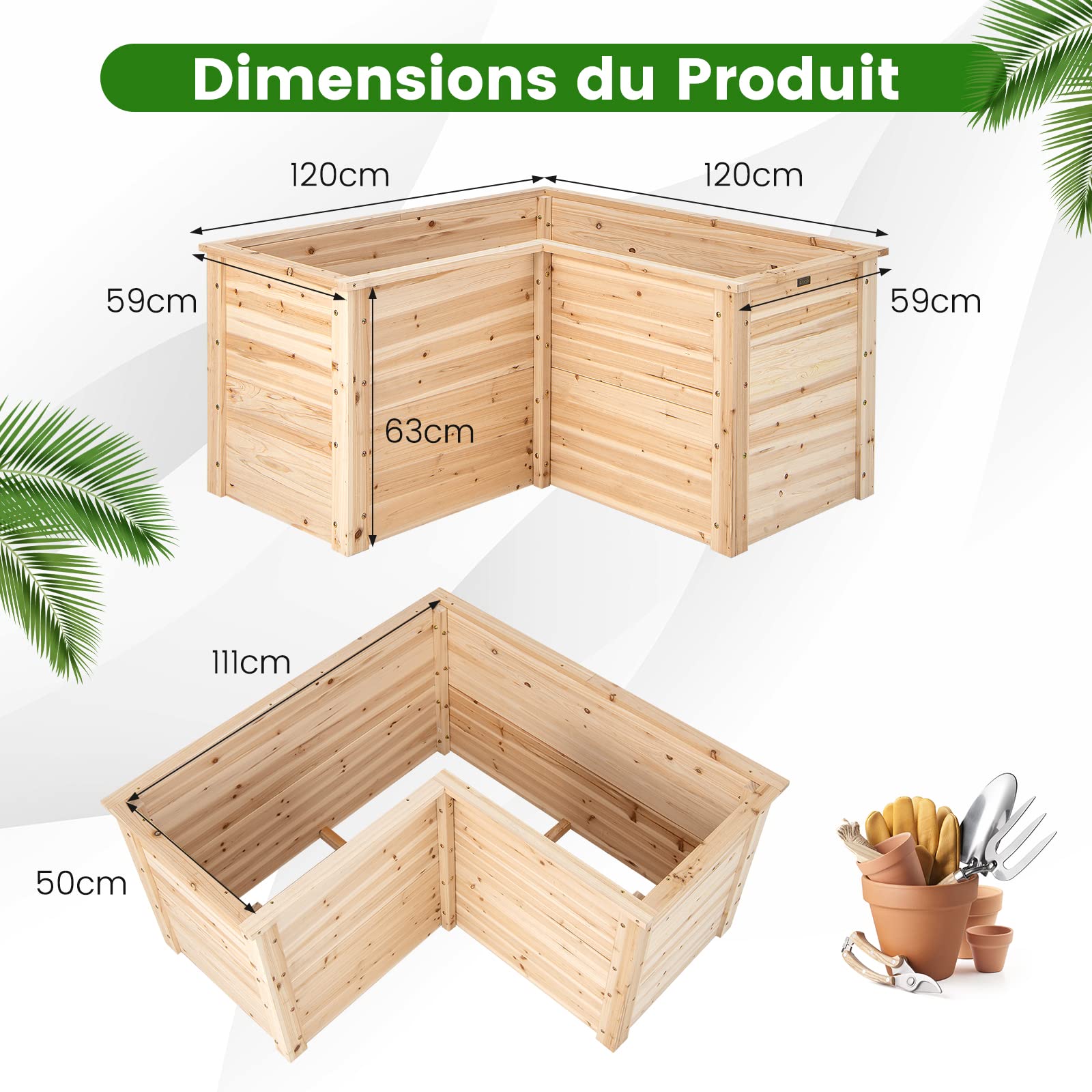 GOPLUS Carré Potager en Bois Haut, Jardinière en Forme de L avec Base Ouverte pour Légumes, Fruits, Fleurs, 120 x 120 x 63 CM, Bac Potager Extérieur pour Balcon, Terrasse, Jardin (Naturel)