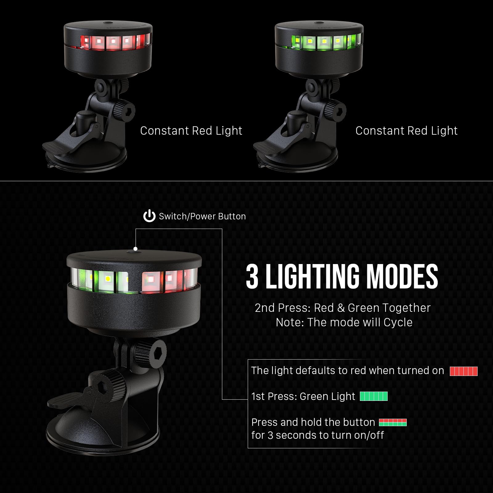 GOODSMANN Luci per kayak notturno Kayak Luce LED portatile di poppa con base a ventosa, lampada rossa e verde alimentata a batteria (3 × AAA, non incluse)
