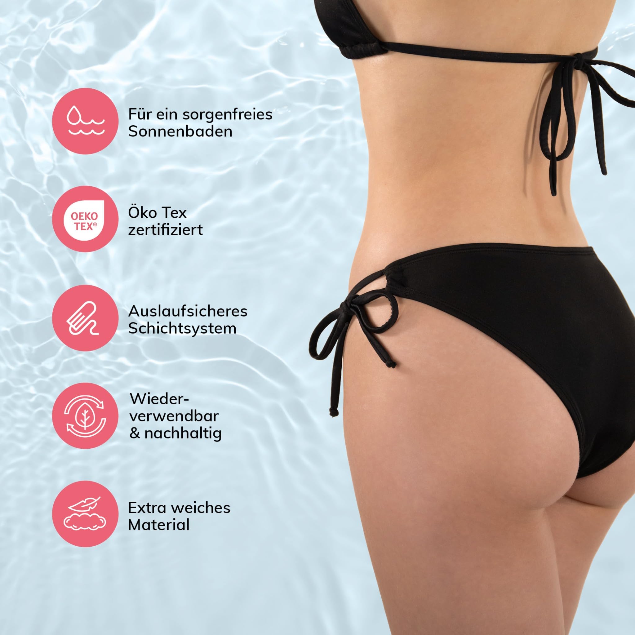 MYLILY | Tanga Perioden Bikinihose | Bikini Hose mit Schnürung | Perioden Bikini Teenager Mädchen | Perioden Badehose Schwarz | Perioden Bademode Damen