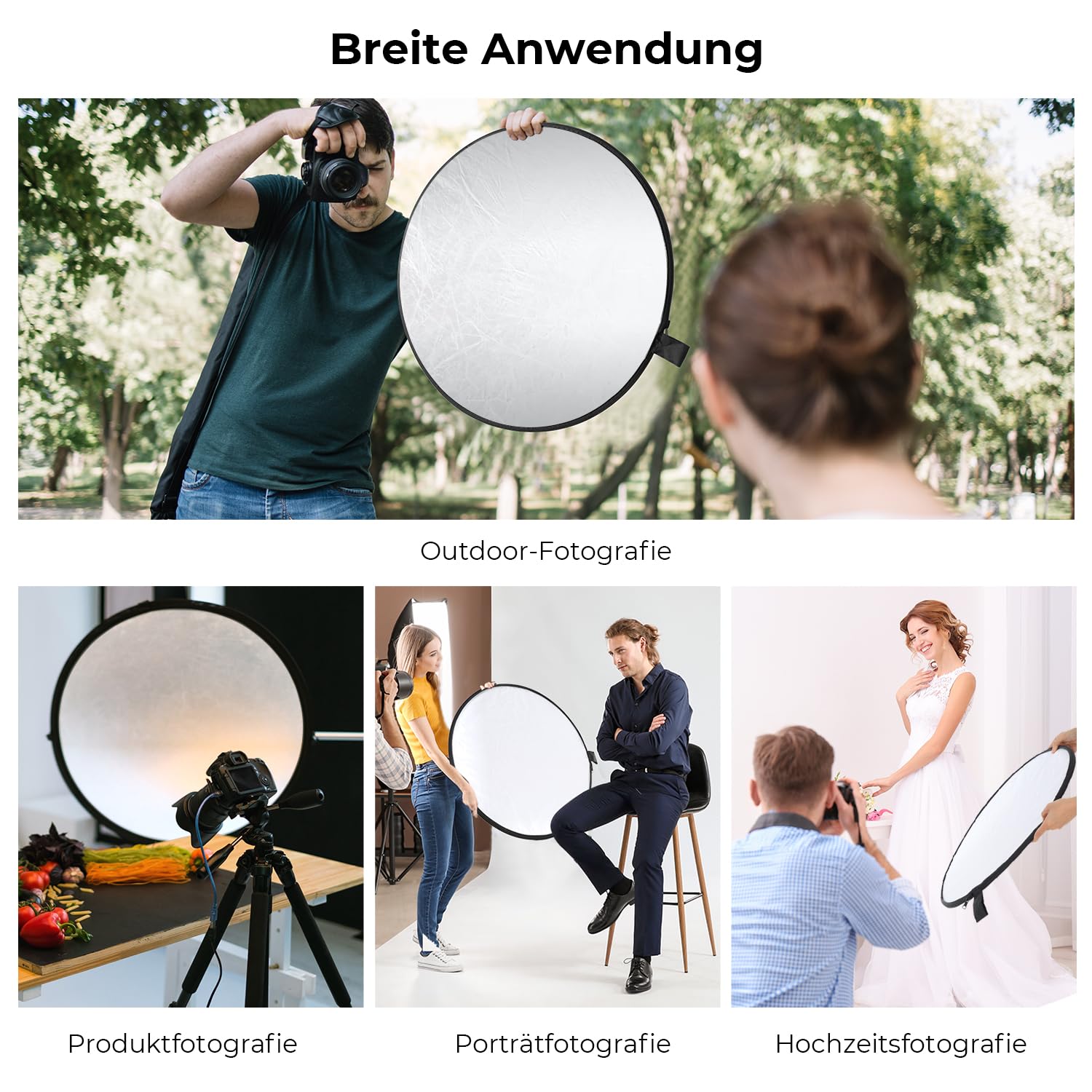 K&F CONCEPT 5-in-1 Faltbar Reflektor Fotografie Kit mit Tasche (110 cm) | Durchscheinend, Silber, Gold, Weiß und Schwarz Runde Reflektoren für Fotografie,Außenbeleuchtung
