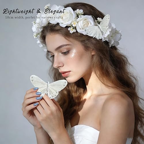 Miniatura 5 de Pegatinas de mariposa blanca para paredes 6 piezas de mariposas de plumas para decoración de pared con perlas brillantes para dormitorio de niñas,